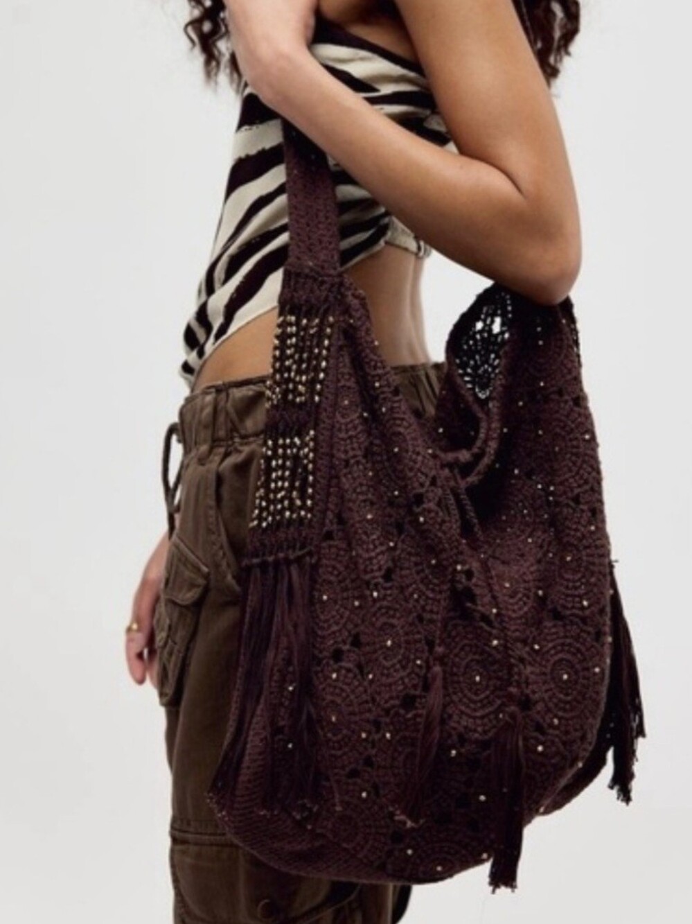 Free People Sunrise To Sunset Crochet Hobo Bag in Espresso